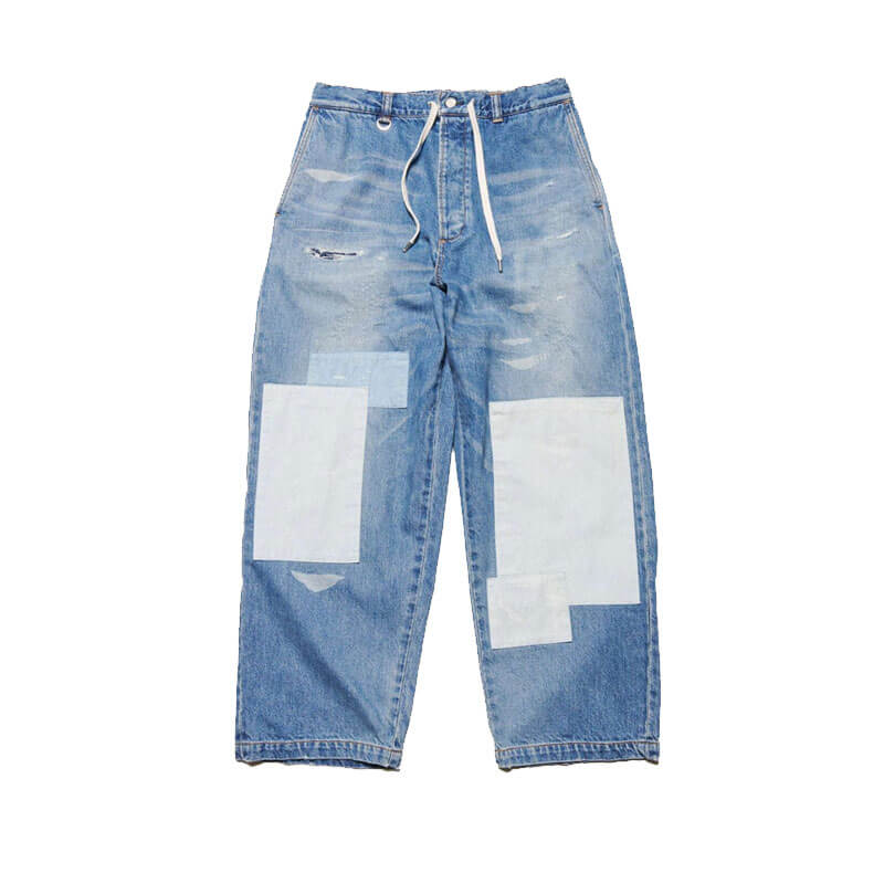 UNIFORM-EXPERIMENT-Parchworked Wide-Fit Jeans Indigo (1) UNIFORM EXPERIMENT Parchworked Wide-Fit Jeans